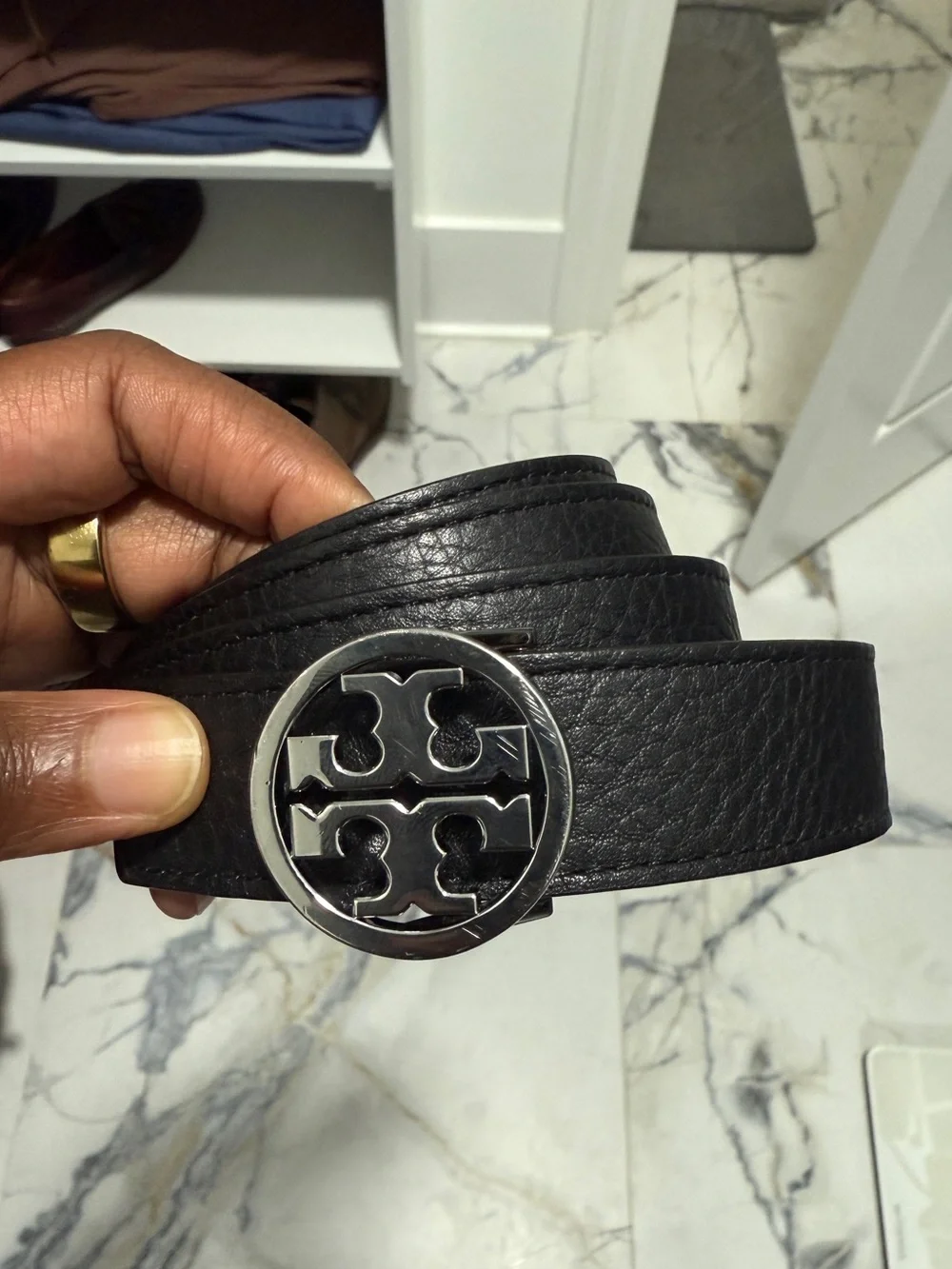 Tory Burch Black Leather Logo Belt with Silver-Tone Emblem